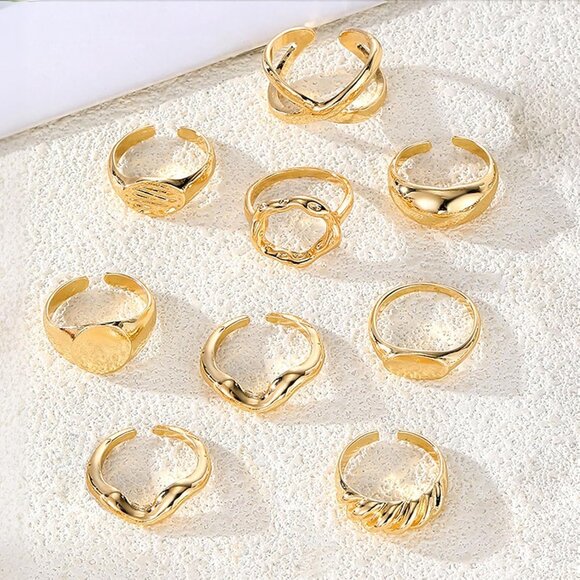 Women Gold Ring Set Chunky Adjustable Knuckle Finger Stackable Statement Jewelry - Picture 5 of 7
